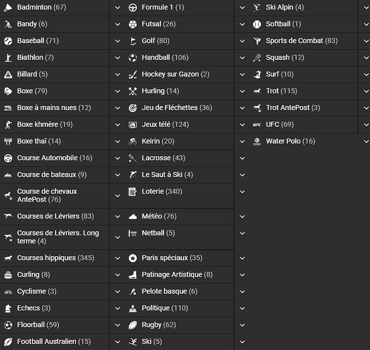 la liste des sports