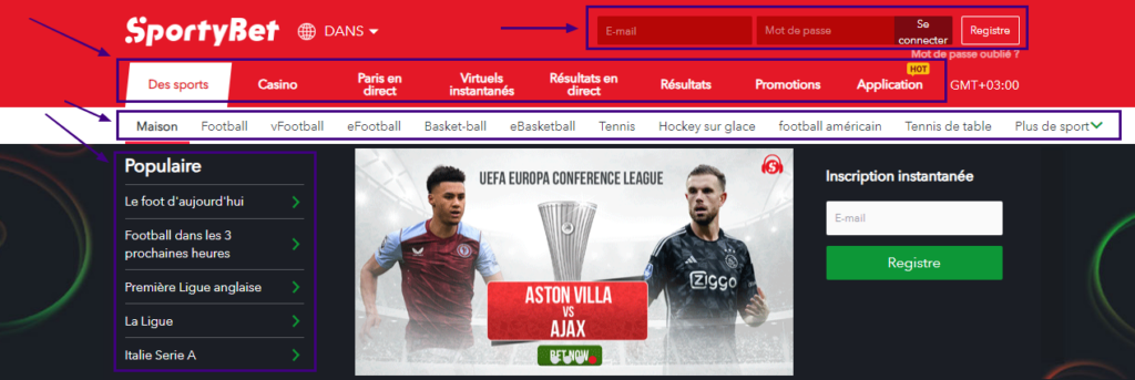 Panneaux de menu sur le site SportyBet