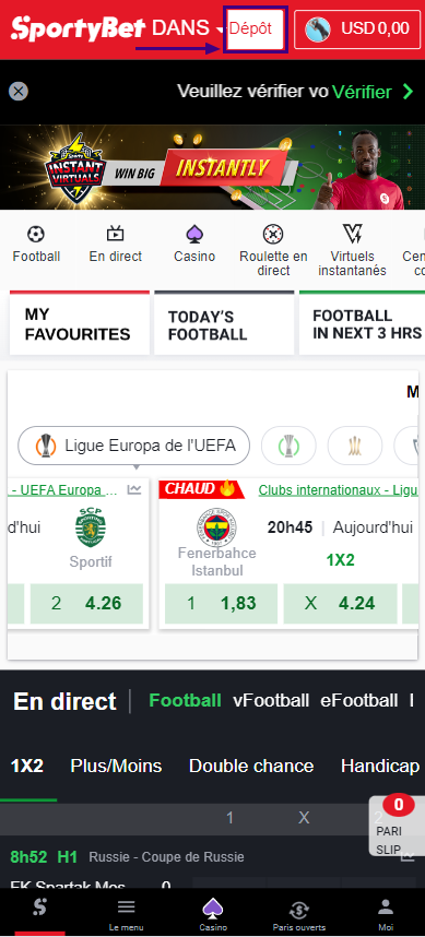 Bouton de dépôt sur le site SportyBet