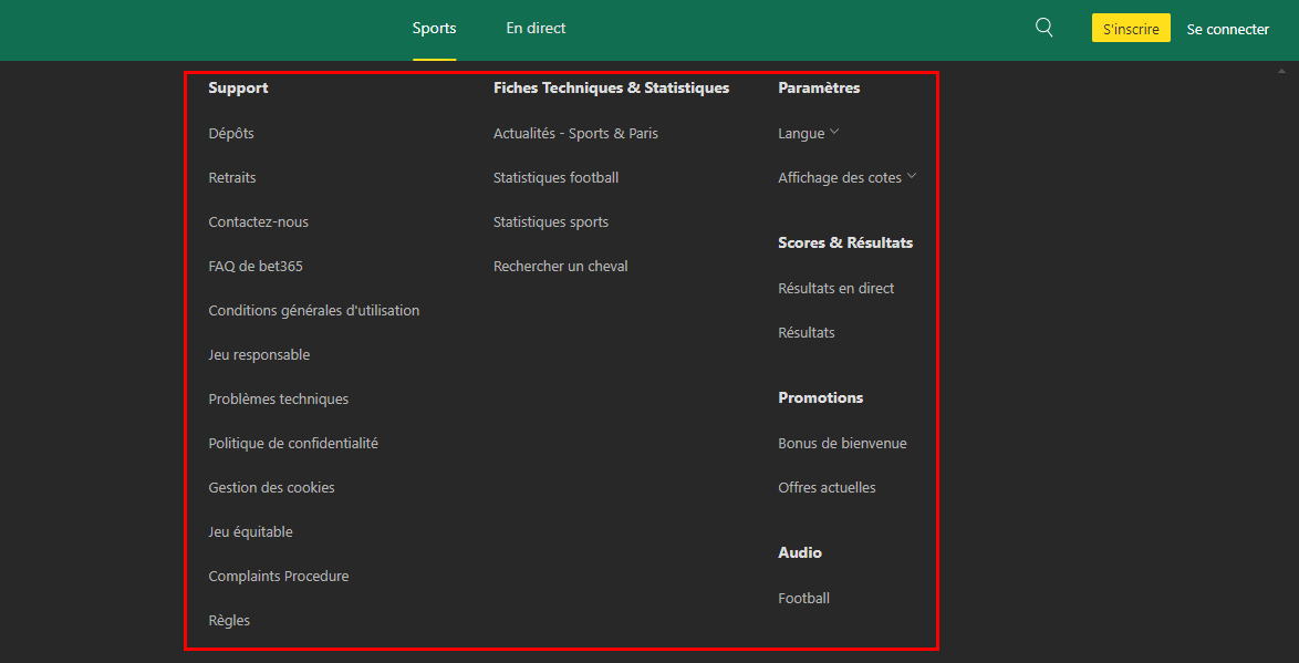 Menu du bas chez Bet365