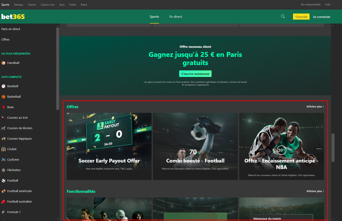 Bonus sur la page d'accueil de Bet365