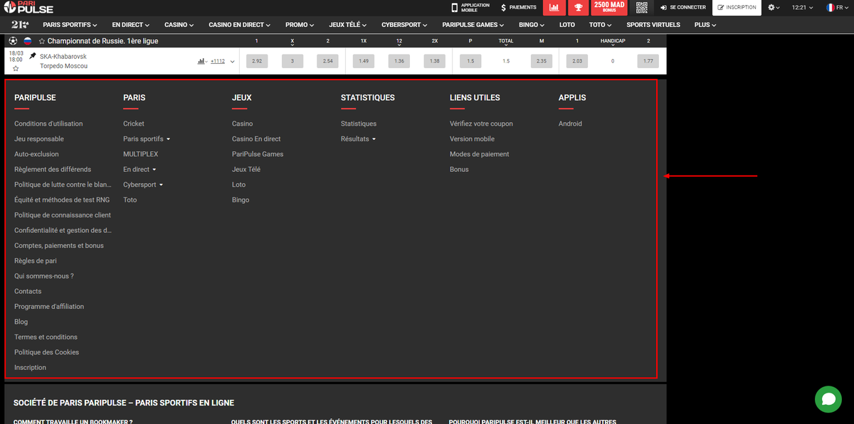 Menu du bas sur le site PariPulse