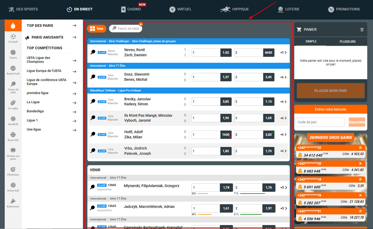 Tableau des événements sportifs sur le site CongoBet