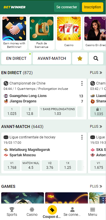 page d'accueil de site web de Betwinner