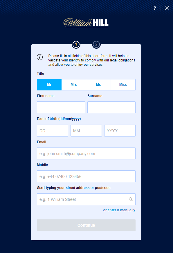 Formulaire d'inscription à William Hill