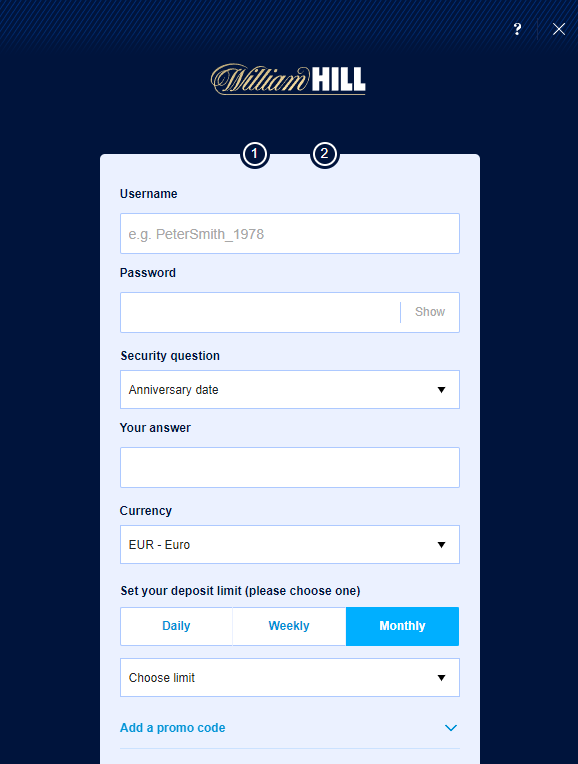 Formulaire d'inscription à William Hill