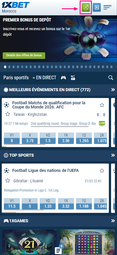 Bouton d'inscription sur 1xBet