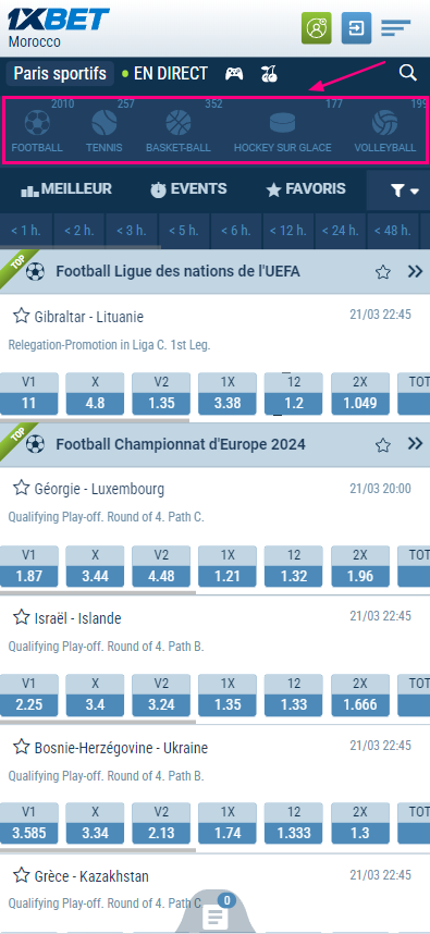 Sports sur 1xBet