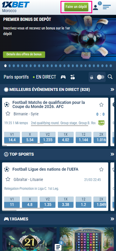 Section de dépôt sur le site 1xBet