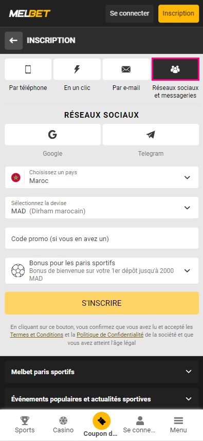 Inscription via les réseaux sociaux et les messageries