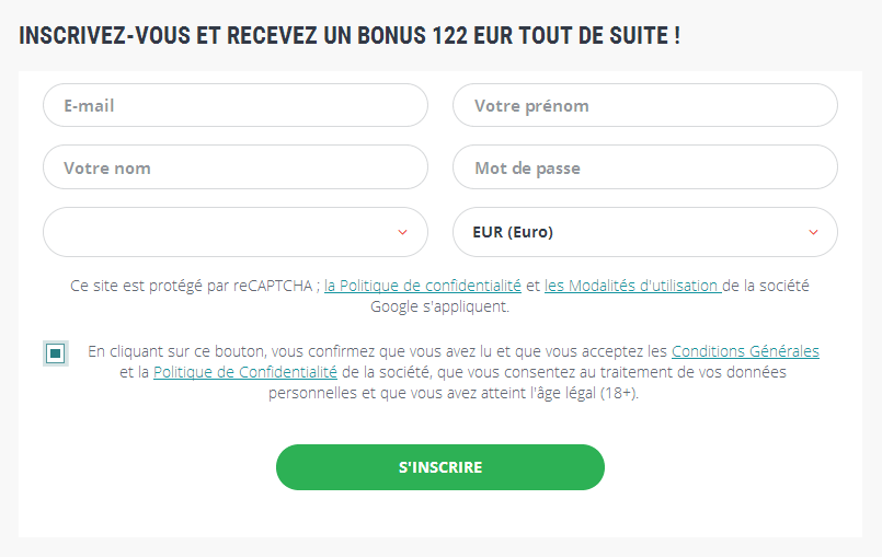 Formulaire d'inscription sur le site 22bet