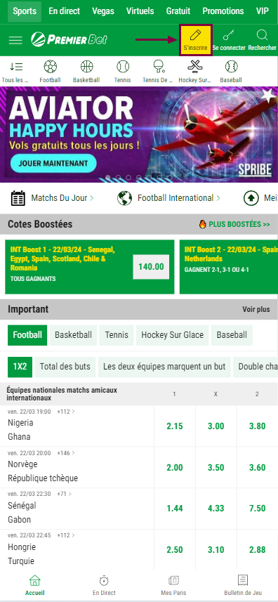 Bouton d'inscription sur le site Internet de PremierBet