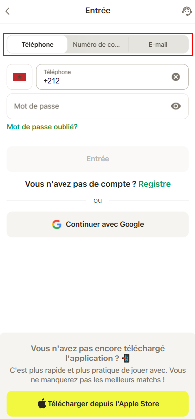 Options d'autorisation sur le site web de Parimatch