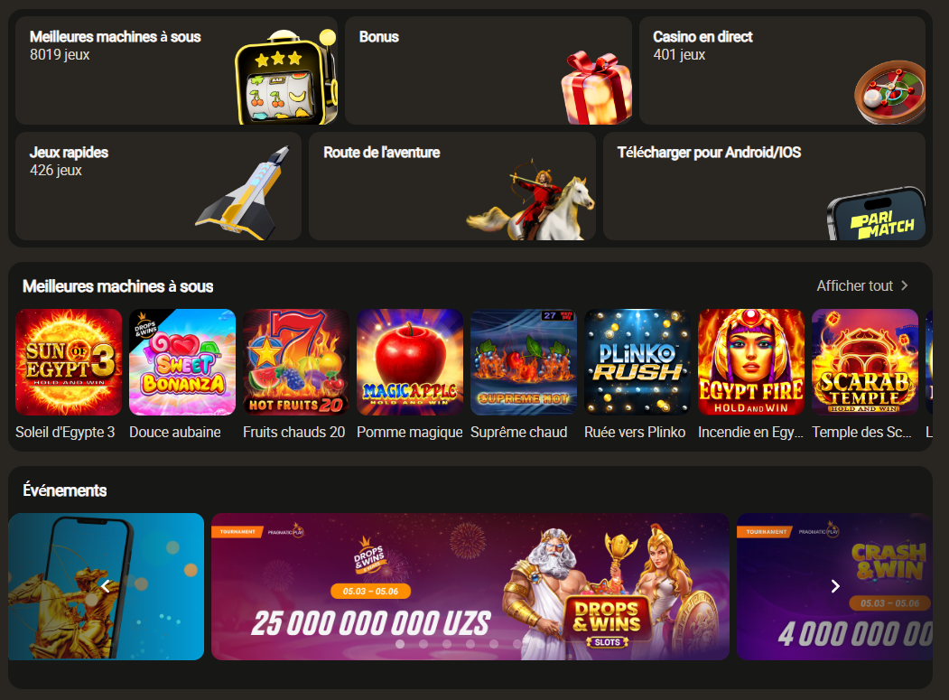 Catalogue des jeux de casino sur le site de Parimatch