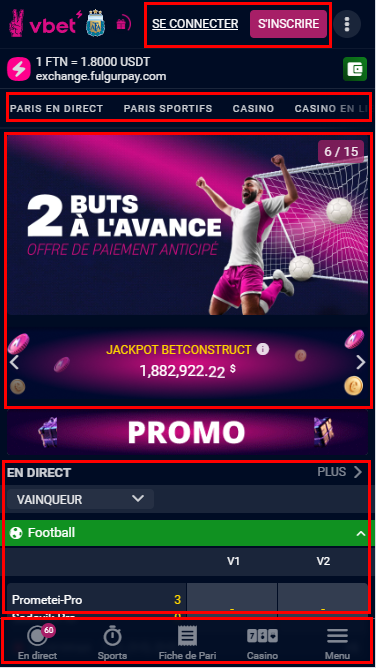 Comment l'interface de l'application mobile Vbet est-elle organisée? 