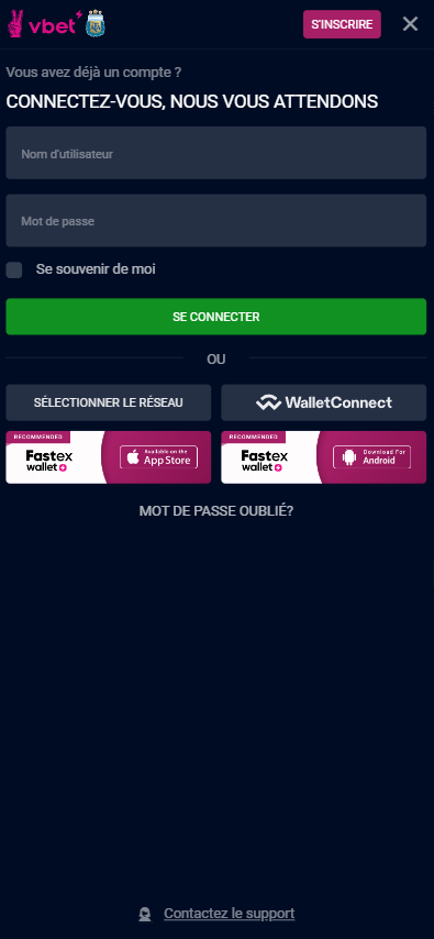 Autorisation dans l'application mobile Vbet