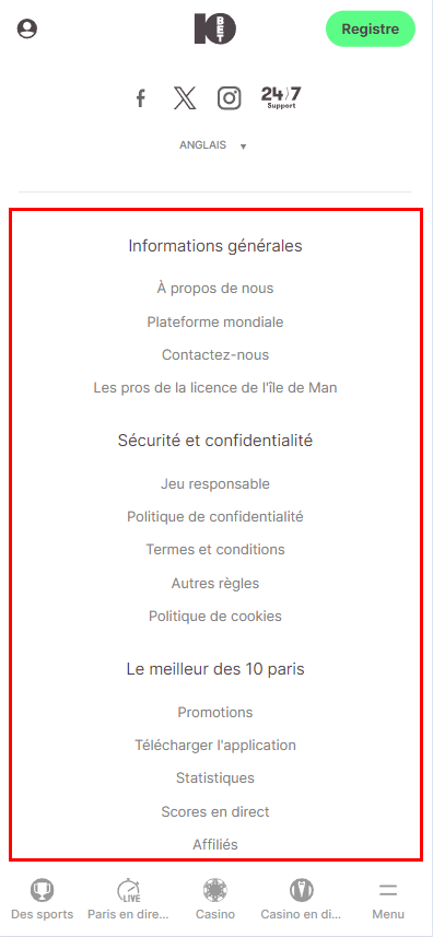 Menu supplémentaire de l'application mobile 10bet