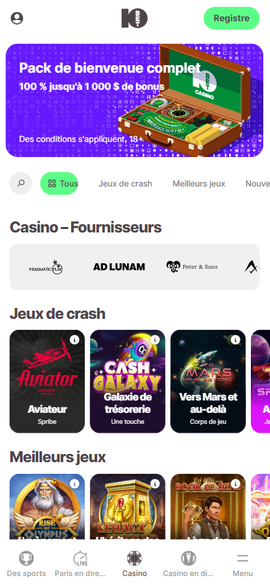 Version mobile du site web de 10bet