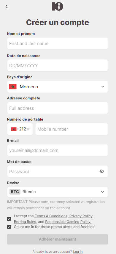 Inscription dans l'application mobile 10bet