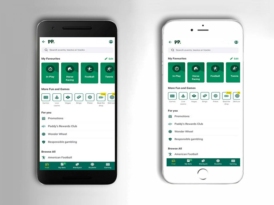 L'application mobile PaddyPower, disponible pour les propriétaires d'iOS et d'Android. 