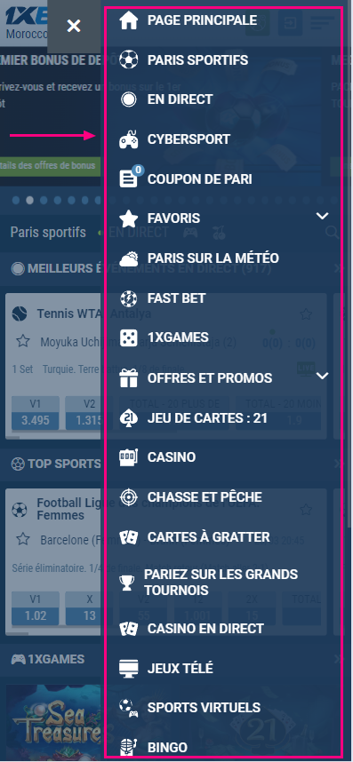 Menu dans l'application mobile 1xbet