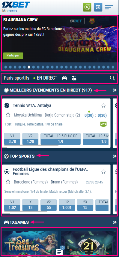 Interface de l'application mobile 1xbet