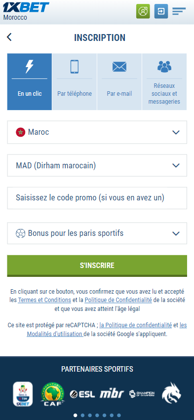 Options d'inscription dans l'application mobile 1xbet