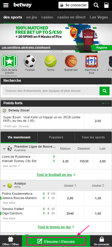 Bouton d'inscription sur l'application mobile Betway