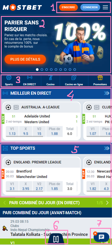 Interface de l'application mobile Mostbet