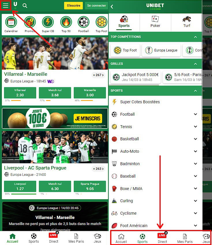 Version mobile Unibet