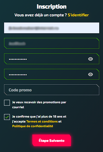 Inscription dans l'application