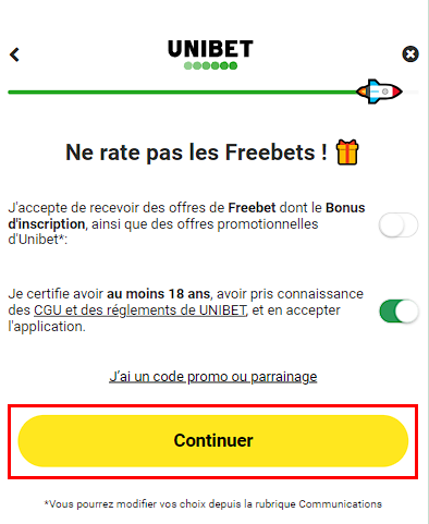 Formulaire d'inscription Unibet