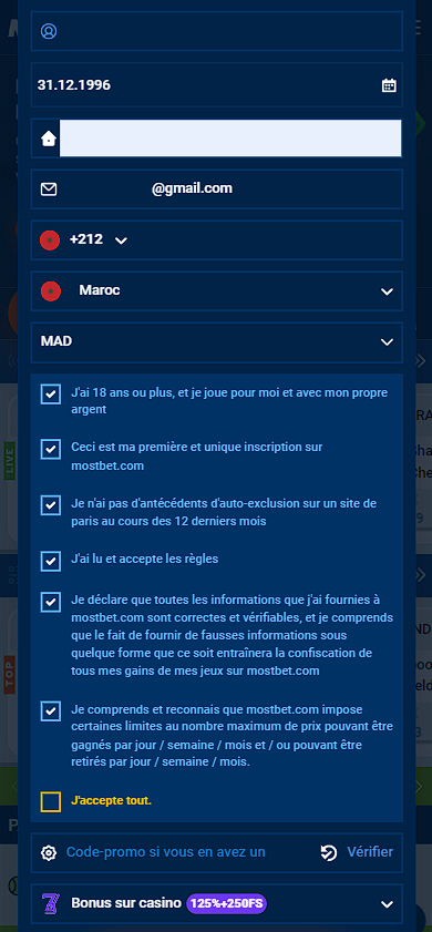 Formulaire d'inscription Mostbet