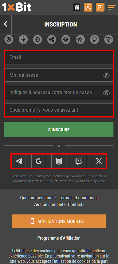 Formulaire d'inscription 1xBit
