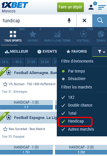 Pari handicap sur 1xbet