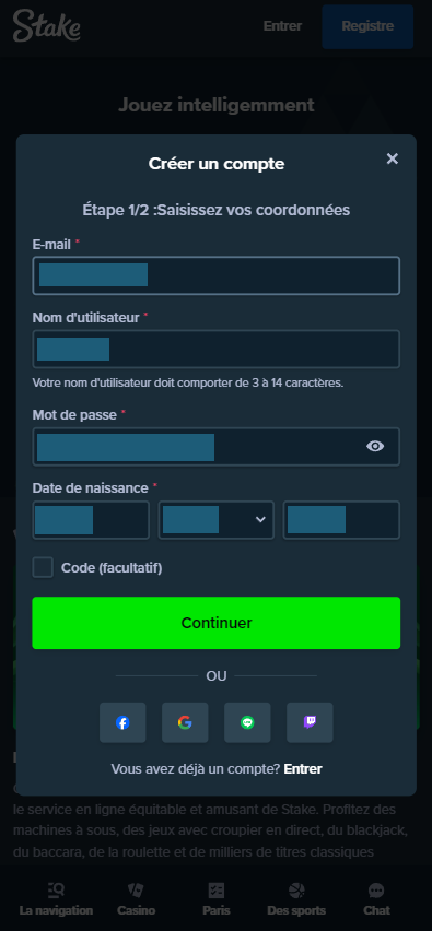 Formulaire d'inscription Stake