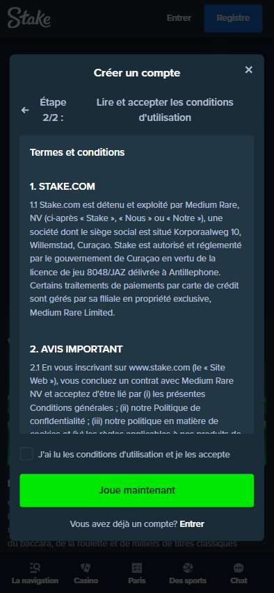 Termes et conditions de Stake