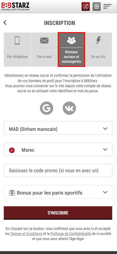 Inscription via des réseaux sociaux et messageries 888Starz