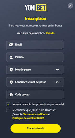 YoniBet formulaire d'inscription