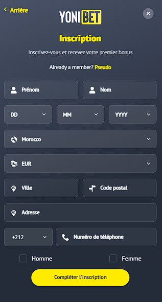 YoniBet formulaire d'inscription