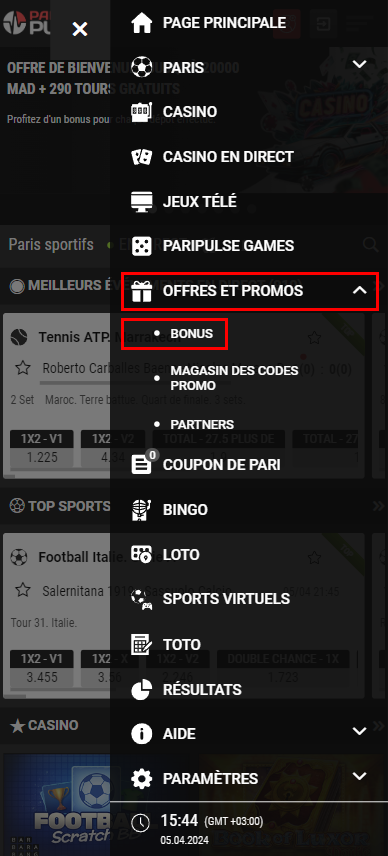 Emplacement de la section promotionnelle dans l'application PariPulse