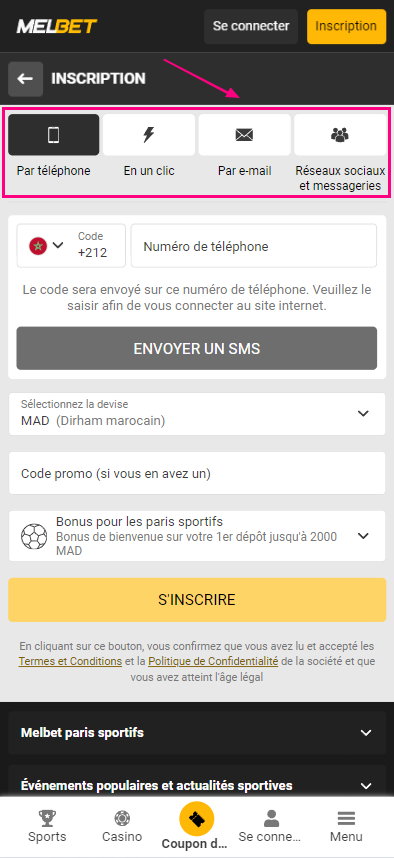 Options d'inscription sur MelBet