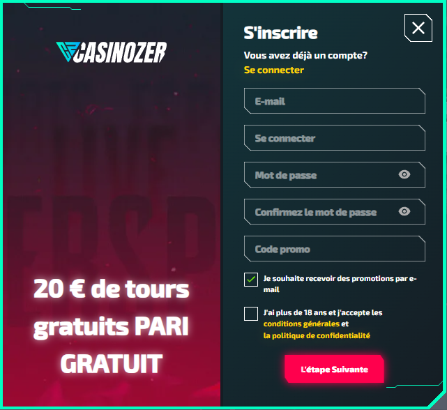 Formulaire d'inscription Casinozer