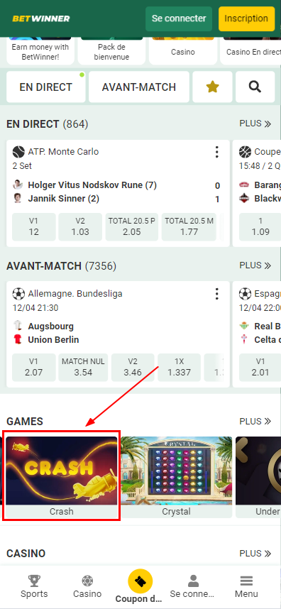 Emplacement du jeu Aviator sur le site du bookmaker Betwinner