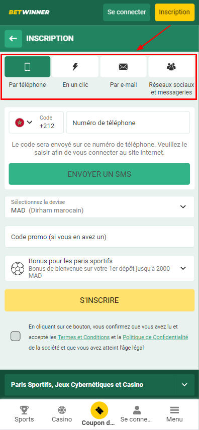 Comment s'inscrire à Betwinner