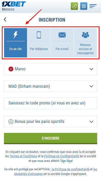 Méthodes d'inscription sur 1xBet