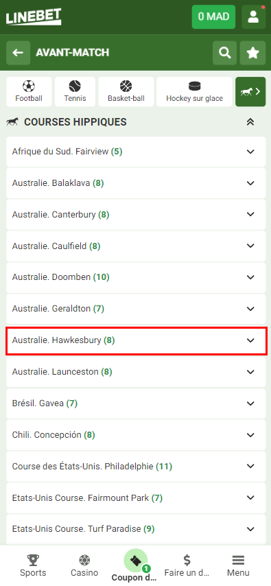 Sélection d'un événement hippique sur Linebet