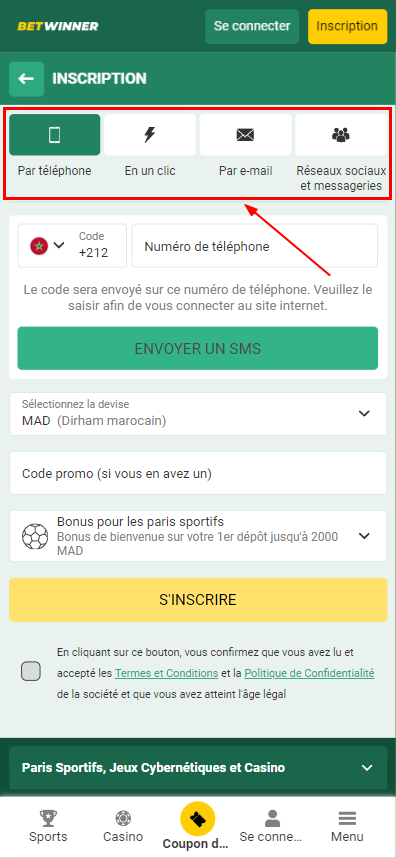 Options d'inscription à Betwinner