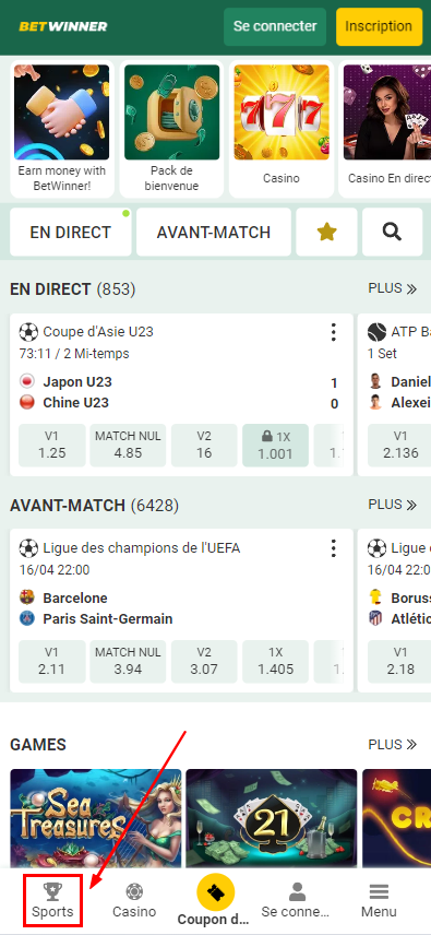 Section sportive dans l'application Betwinner