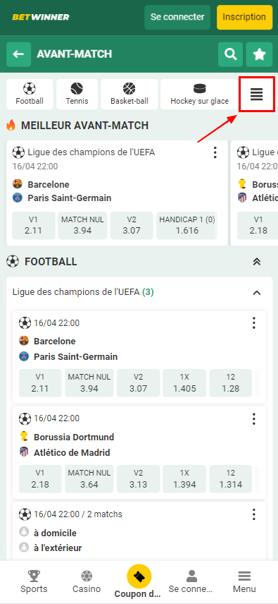 Menu sportif sur le site Betwiner